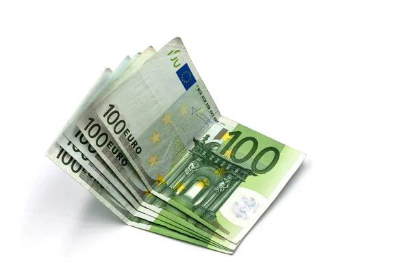 Uma Pilha Notas 100 Euros Sobre Fundo Branco Fotos De Bancos De Imagens
