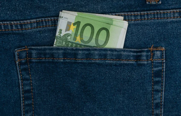 Cien Billetes Euros Bolsillo Los Vaqueros Azules — Foto de Stock