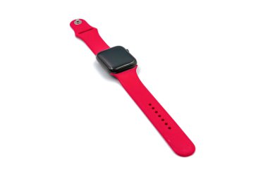 Smart watch with red strap isolated on white background