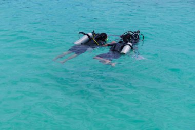 divers in black scuba diving suits with oxygen bottles sink under the sea, Scuba dive training in the sea with a instructor teaching students