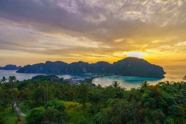 View point of Phi Phi Island at sunset time, Krabi Province, Thailand. Travel vacation background.