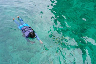 Şnorkel maskeli kız Koh Phi Phi Adası Tayland 'da, Pileh Lagoon' da balıkların arasında yüzüyor..