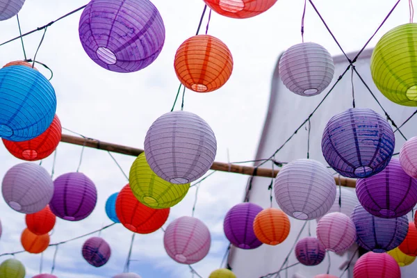 Colourful Paper Lantern Hanging Outdoors Asian Festivals Traditional Decoration — Stock Photo, Image