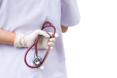 Beyaz arkaplanda steteskop ya da şablon tasarımı için boş alan kullanımına sahip pankart.