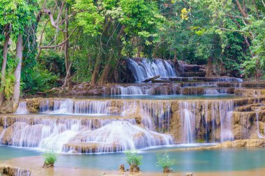Şelale derin yağmur ormanlarında (Huay Mae Kamin Şelalesi Ulusal Parkı, Kanchanaburi Eyaleti, Tayland)