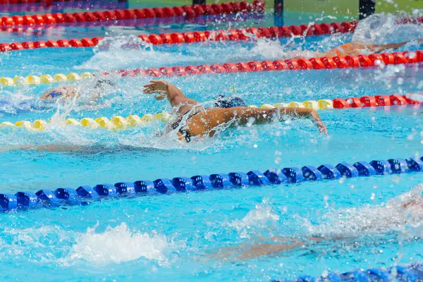 Yüzücü çocuk yüzme havuzunda kelebek yüzme stili yüzer. Su sporları ve yarışma, çocuklar için yüzme dersleri..
