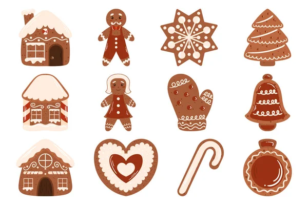 Coleção Biscoitos Gengibre Inverno Tradicional Decorado Conjunto Doces Forma Casa —  Vetores de Stock