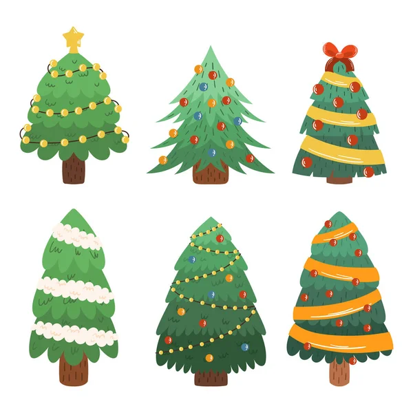 平らな漫画のクリスマスツリーのコレクション 薄手のガーランド ボールやリボンで松やモミの装飾 グリーティングカードの冬の休日セット — ストックベクタ