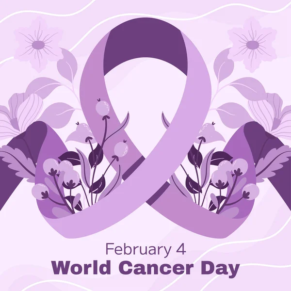 世界がん啓発デー2月4日 花の要素を持つ癌のライラックまたは紫色のリボンシンボル がんキャンペーンを停止するソーシャルメディアやウェブサイトのヘルスケア平方テンプレート — ストックベクタ
