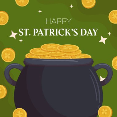 St.Patricks Day holiday square template design with leprechaun cauldron and golden coins with shamrock. Concept for square social media post with gold on the back.