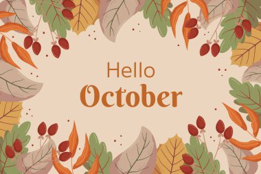Autumn Hello October arkaplan tasarımı, yaprak ve kırmızı böğürtlen, kopyalama alanı. Sonbahar konsepti arka plan çerçevesi. Arkasında farklı yapraklar ve çilekler var. Arkasında bej rengi var..