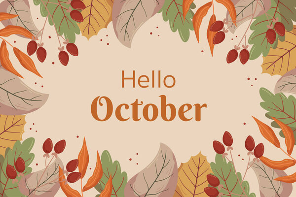 Фоновый дизайн Autumn Hello October с листьями и красными ягодами, пространство для копирования. Концепция осеннего фона рамка с различными листьями и ягодами на веточке на спине. Бежевый цвет на спине.
