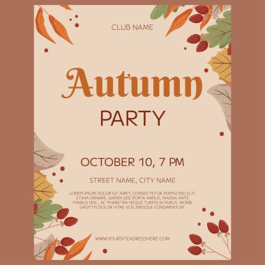 Autumn Party poster tasarımı. Dal üzerinde farklı yapraklar ve böğürtlenler olan çerçeve, boşluğu kopyala. Kulüp için etkinlik daveti