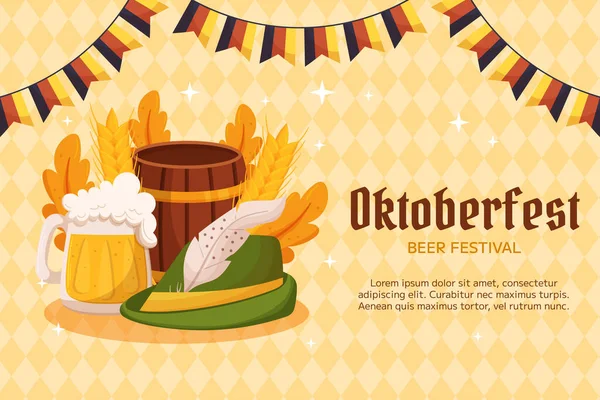 Oktoberfest德国啤酒节背景 设计与Tyrolean帽子 啤酒杯泡沫 德国色彩节日花环与旗帜 小麦和叶子 浅黄色菱形图案 — 图库矢量图片