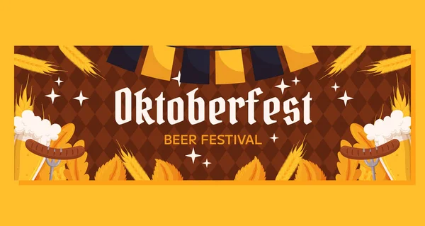 Oktoberfest德国啤酒节横向横幅模板 设计与一杯啤酒 叉子与烤香肠 小麦和叶子 黑色和黄色的花环 后背的Rhombus模式 — 图库矢量图片