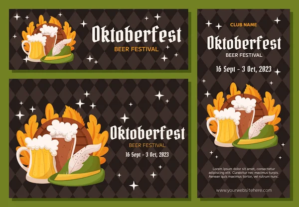 奥托伯斯特德国啤酒节背景 横向和纵向旗帜收藏 设计与玻璃杯的浅色和深色啤酒 酪蛋白帽和叶子 后背的Rhombus模式 — 图库矢量图片