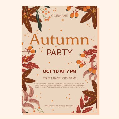 Autumn Party poster tasarımı. Akçaağaç yaprağı ve turuncu böğürtlen, kırmızı ve kahverengi yapraklı çerçeve, kopyalama alanı. Kulüp için etkinlik daveti