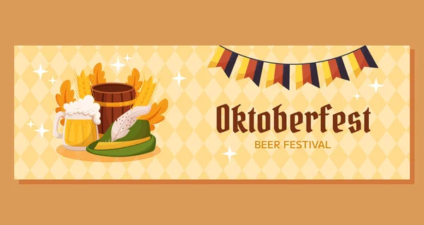 Oktoberfest德国啤酒节横向横幅模板 设计搭配花冠 啤酒瓶 德国色彩的节日花环 浅黄色菱形图案 — 图库矢量图片