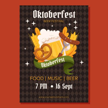 Ekim Festivali Alman bira festivali poster şablonu. Bir bardak bira, kraker, sosisli çatal, buğday ve yapraklı tasarım. Rhombus deseni arkada