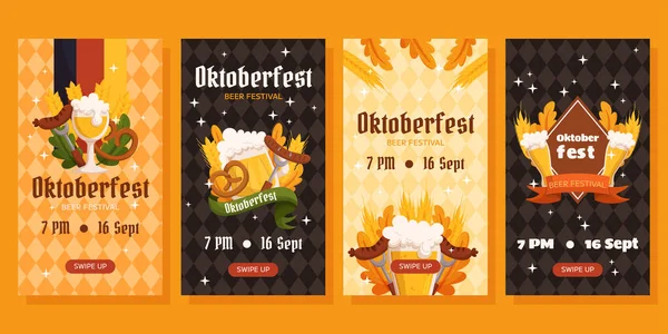 Oktoberfest德国啤酒节垂直社交媒体故事集 用啤酒 小麦和树叶 香肠和旗子设计 后背的Rhombus模式 — 图库矢量图片