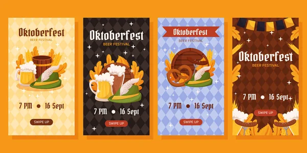 Oktoberfest德国啤酒节垂直社交媒体故事集 设计时使用了啤酒 小麦和树叶 酪蛋白帽和木桶 后背的Rhombus模式 — 图库矢量图片