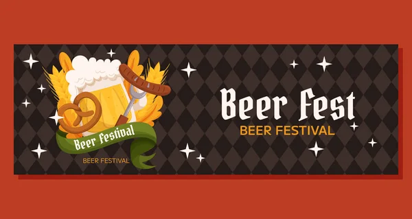 Plantilla Banner Horizontal Festival Cerveza Diseño Con Vaso Cerveza Pretzel — Vector de stock