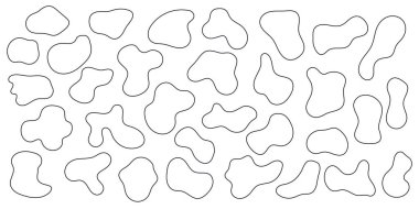 Amoeba kabarcığı, organik soyut şekil. Sıvı şeklindeki şekiller, sıvı lekesi siyah ve beyaz ana hatlar koleksiyonu.