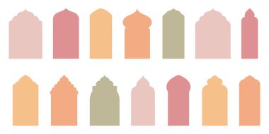 İslami Vektör Silüeti Pencere ve Kapı kemerlerini şekillendiriyor. Ramazan Kareem Siluet Simgeleri ile Arap Çerçeve Ayarları. Zarif Cami Kapısı Resimleri.