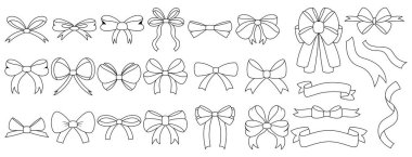 Basit karalama, siyah ve beyaz el kurdele yay koleksiyonu. Dekorasyon için bovling topu, büyük papyon takımı.