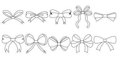 Şık Siyah ve Beyaz Kurdele Yay Koleksiyonu. Moda Dekorasyonları İçin El Çizimi Düz Stil. Yaratıcı Projeler İçin Cömert Bowties Seti.