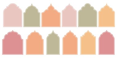 Düz Stil Vektör Tasarımı İslami Şekil Pencere Çerçeveleri Retro Boho Renkleri. Estetik Çizimler Çeşitli Tasarım Uygulamaları İçin Mükemmel.