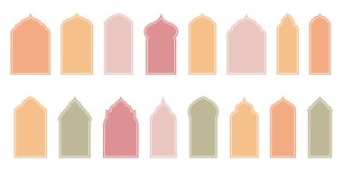 Estetik İslami Vektör Şekilleri Pencere ve Kapı kemerlerini temsil ediyor. Ramazan Kareem Siluet Simgeleri ile Arap Çerçeve Ayarları. Zarif Cami Kapısı Resimleri.