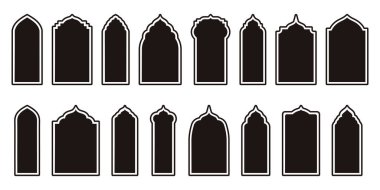 İslami Stil Sınır ve Çerçevelerdeki Doğulu Modern Boho Tasarım Elementleri. Pencereler ve Kemer Çizimleri Zarafet Dokunuşu Ekle.