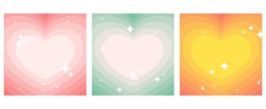 Romantik Vibes Pembe, Yeşil ve Turuncu Kalpli Vector Tüneli. 2000 'lerin Biçiminde Nostaljik Meydan sosyal medya şablonu, Y2K. Metin ve metin boşluğu için boşluk