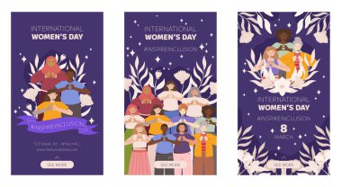 IWD Katılım Kampanyası, Uluslararası Kadınlar Günü 2024 Dikey Sosyal medya hikayeleri koleksiyonu, kalp hareketlerini elleriyle yapan kadın çeşitliliğine sahip..