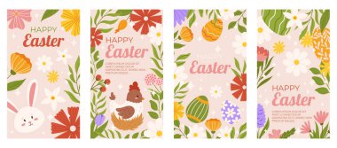 Alışveriş için dikey sosyal medya şablonunun Paskalya koleksiyonu. Çiçekli çerçeveli tasarım, boyanmış yumurta, tavşancık ve yuvada tavuk. Tanıtım için düz el çizimleri