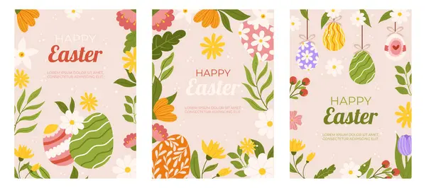 Colección Pascua Tarjetas Felicitación Verticales Plantilla Diseño Con Flores Huevos — Vector de stock