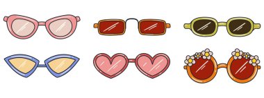 Farklı retro tarzı, hippi güneş gözlüğü. Retro estetik titreşim, 70 'ler. El çizimi düz vektör biçim çizimleri