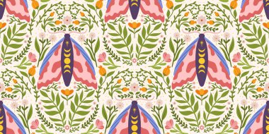 Tuhaf güveleri, çiçekleri ve yaprakları olan kusursuz bir desen. Scandi tarzı hassas halk kumaş, ambalaj kağıdı ve diğer amaçlar üzerine baskı için tekrarlanan tasarım.