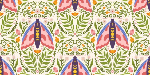 Tuhaf güveleri, çiçekleri ve yaprakları olan kusursuz bir desen. Scandi tarzı hassas halk kumaş, ambalaj kağıdı ve diğer amaçlar üzerine baskı için tekrarlanan tasarım.