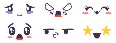 Kawaii 'nin yüzü duygu ve ruh hali koleksiyonu ifade ediyor. Çizgi roman veya anime tarzında düz elle çizilmiş vektör çizimleri.