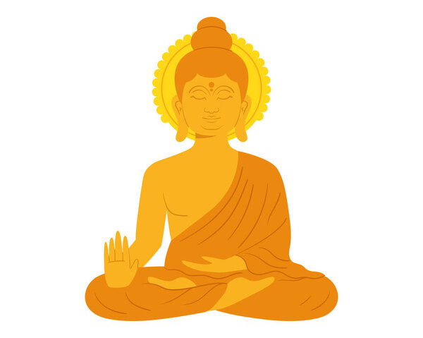 Golden Buddha statue. Sitting monk sculpture in flat vector style