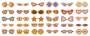 Farklı şekillerde Retro Groovy güneş gözlüğü koleksiyonu. 1970 Vibe seti