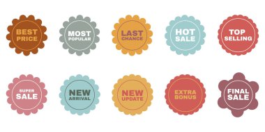 Satış, Yeni Gelen, En Popüler Etiketler ve diğerleri için beyaz çizgi rozetli Scallop pastel rengi koleksiyonu. İndirim etiketleri, sağlam fiyat etiketleri. Vektör illüstrasyonu