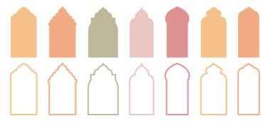 İslami geleneksel pencere veya kapılar derlemeyi şekillendirir. Cami Müslüman çerçeveleri siluet ve ana hatlarıyla tasvir edilmiştir..