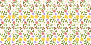 Çiçek elementlerini vurgulayan tekrarlanan desen. Beyaz, sarı ve leylak çiçekleri, pembe kiraz çiçekleri, kırmızı böğürtlenli dallar ve çeşitli yapraklardan oluşan botanik esinlenmiş dikişsiz tasarım..