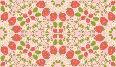 Çilekli, şirin böğürtlenli, çiçekli, yeşil yapraklı kusursuz tasarım. Mutfak giysileri, kumaşlar, ambalaj kağıtları ve çeşitli amaçlar için tekrarlanan yüzey tasarımı.