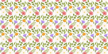 Çiçek elementlerini gösteren devamlı desenler. Eflatun, turuncu ve beyaz çiçeklerle, pembe kiraz çiçekleriyle, çeşitli yapraklarla botanik esinlenilmiş tekrarlanan tasarım..