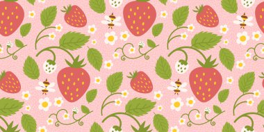 Lezzetli böğürtlenler, çiçekler, yeşil yapraklar ve küçük bir arı içeren çilek temalı dikişsiz desen tasarımı. Çocuk kıyafetleri, tekstil ürünleri, ambalaj kağıtları ve çeşitli eşyalar için yinelenen yüzey tasarımı