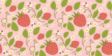 Çilekleri, şirin böğürtlenleri, çiçekleri, yeşil yaprakları ve küçük bir arıyı renklendiren kusursuz desenli bir tasarım. Giysiler, kumaşlar, ambalaj kağıtları ve diğer amaçlar için tekrarlanan yüzey tasarımı.